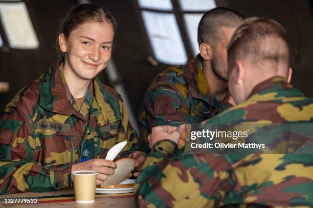 Princess Elisabeth of Belgium takes part in tactical training at the Lagland military camp on July 09, 2021 in Arlon, Belgium. For the student...