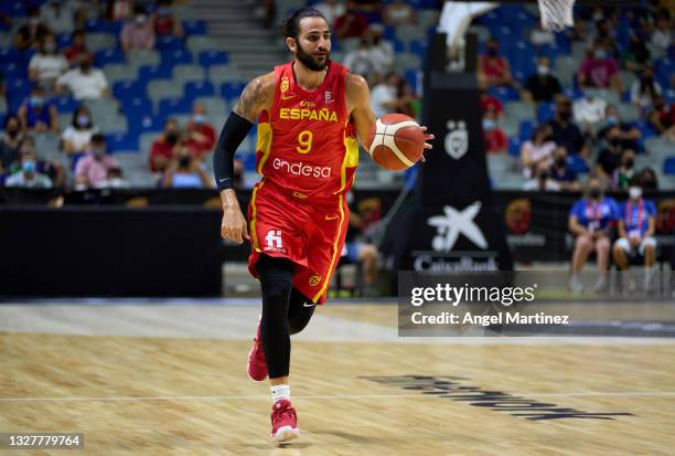 Ricky Rubio of Spain in action during an international basketball friendly match between Spain and France at Martin Carpena Arena on July 08, 2021 in...