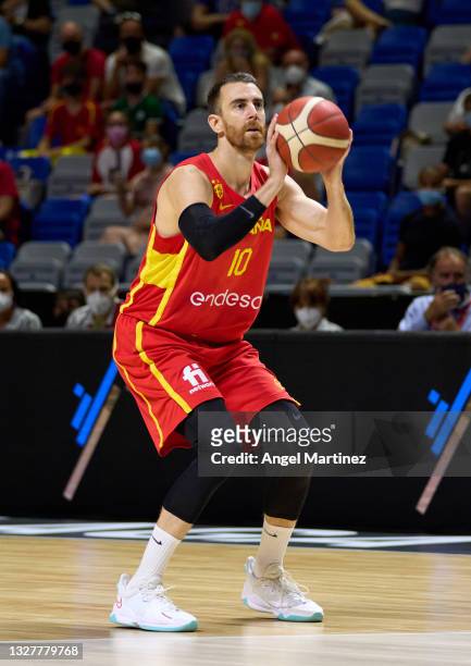 Victor Claver of Spain in action during an international basketball friendly match between Spain and France at Martin Carpena Arena on July 08, 2021...