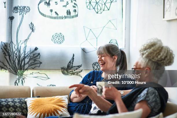 two women having coffee break at home - 50 ストックフォトと画像