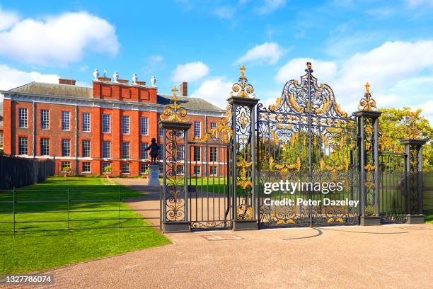 The exterior of Kensington Palace with the bronze statue of William III of Orange on July 5,2021 in London,England.