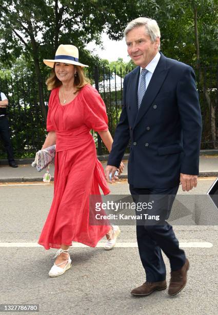 Carole Middleton and Michael Middleton attend day 11 of the Wimbledon Tennis Championships at the All England Lawn Tennis and Croquet Club on July...