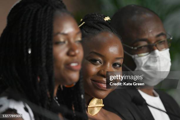 Bria Gomdigue, Achouackh Abakar Souleymane and Mahamat-Saleh Haroun attend the "Lingui" press conference during the 74th annual Cannes Film Festival...