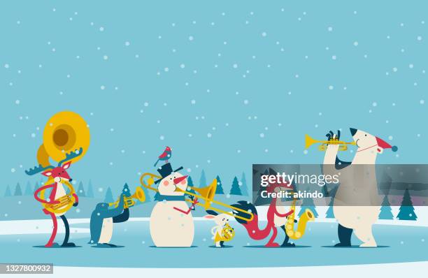 illustrations, cliparts, dessins animés et icônes de groupe de noël - musique cuivres