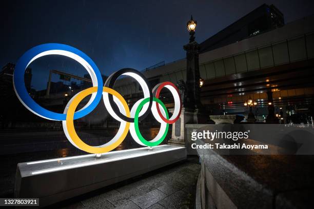 The Olympic Rings are displayed on July 09, 2021 in Tokyo, Japan. Tokyo Olympic organizers stated yesterday that spectators would be barred from most...