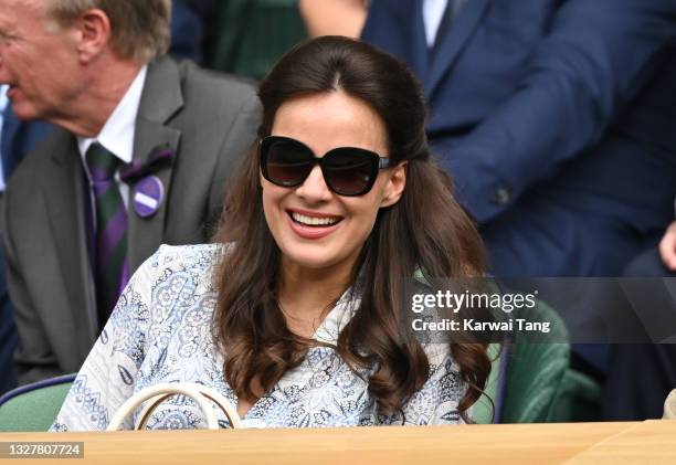 Lady Frederick Windsor attends day 11 of the Wimbledon Tennis Championships at the All England Lawn Tennis and Croquet Club on July 09, 2021 in...