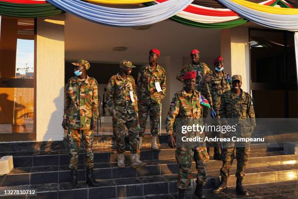 Soldiers are guarding the John Garang Mausoleum, before the start of the 10k The Great South Sudan run, during the the country's 10th anniversary...