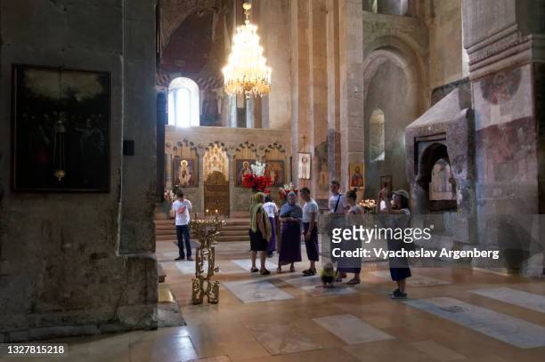 interior of svetitskhoveli cathedral, icons and frescoes, mtskheta - argenberg stock pictures, royalty-free photos & images
