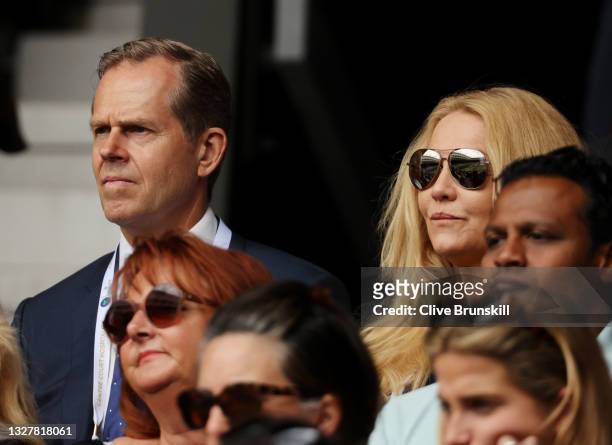 Former professional tennis player Stefan Edberg and his wife Annette Hjort Olsen look on from the stands during the Men's Singles Semi-Final match...