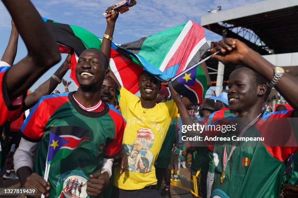 People who ran in The Great South Sudan Run are dancing and celebrating, during concert at John Garang Mausoleum, during the country's 10th...