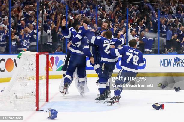 The Tampa Bay Lightning celebrate victory over the Montreal Canadiens at the end of Game Five of the 2021 NHL Stanley Cup Final at the Amalie Arena...