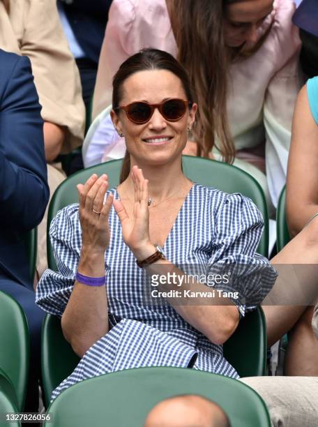 Pippa Middleton attends day 11 of the Wimbledon Tennis Championships at the All England Lawn Tennis and Croquet Club on July 09, 2021 in London,...