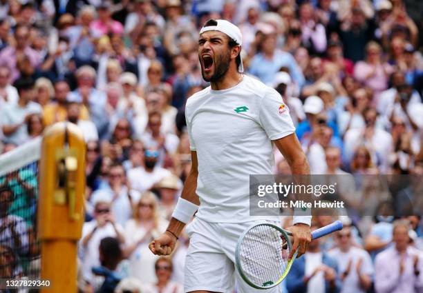 Matteo Berrettini of Italy celebrates in his Men's Singles Semi-Final match against Hubert Hurkacz of Poland during Day Eleven of The Championships -...