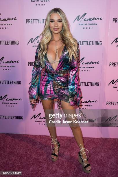 Alexa Collins attends PRETTYLITTLETHING Miami Swim Week Runway Show at The Temple House on July 08, 2021 in Miami Beach, Florida.