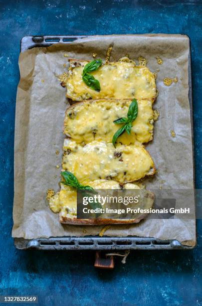 baguette bruschetta with cheese, baked in the oven - bakplåt bildbanksfoton och bilder