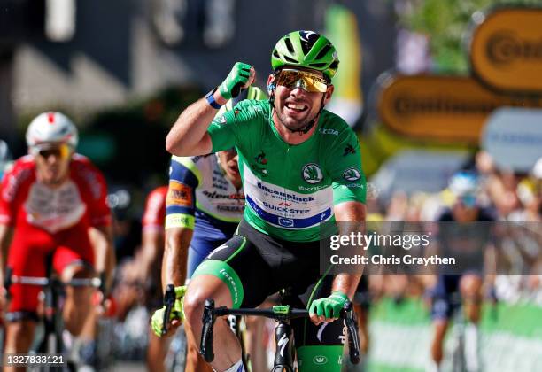 Mark Cavendish of The United Kingdom and Team Deceuninck - Quick-Step Green Points Jersey celebrates at arrival during the 108th Tour de France 2021,...