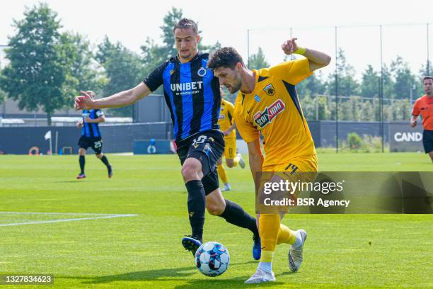 Christos Albanis of AEK Athens, Matej Mitrovic of Club Brugge during the friendly match between Club Brugge and AEK Athene at Complex Molenhoek on...