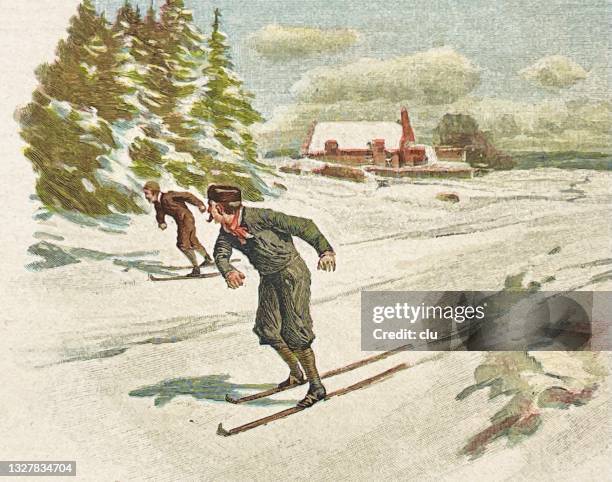 two men skiing on a flat surface - vintage skier stock illustrations