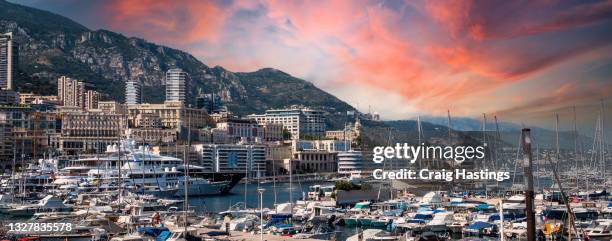 monte carlo skyline cityscape at sunset, monaco. - monaco sunset stock pictures, royalty-free photos & images