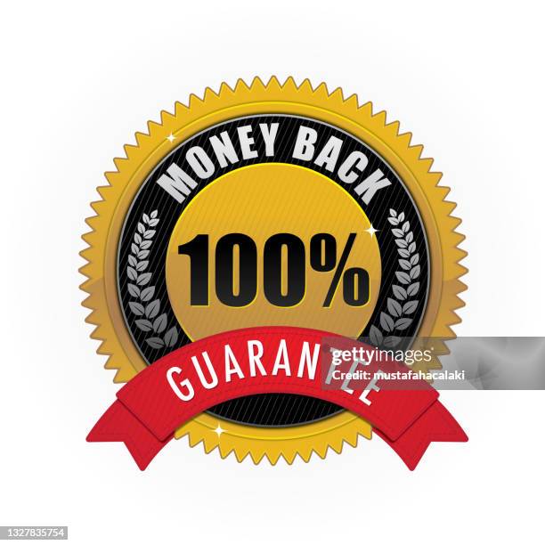 100 percent money back guarantee badge - gold seal stock illustrations