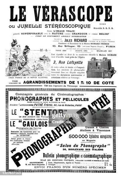 ads in french magazine 1889 including binoculars and phonographes - gramophone stock illustrations