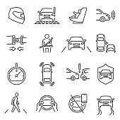 Monochrome linear safe driving icon set vector illustration. Outline car safety related isolated