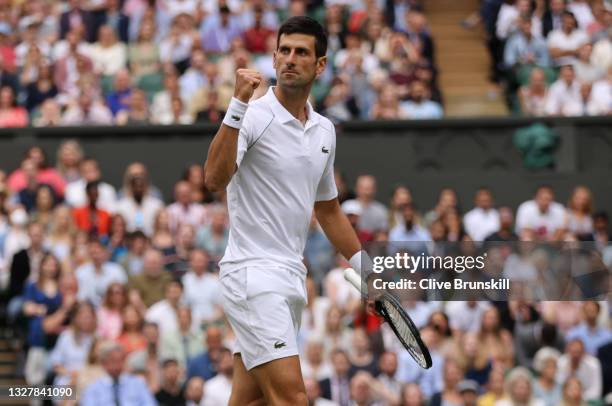 Novak Djokovic of Serbia celebrates in his Men's Singles Semi-Final match against Denis Shapovalov of Canada during Day Eleven of The Championships -...