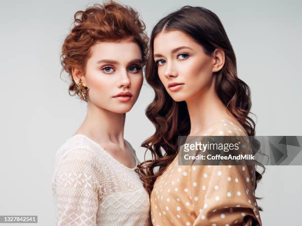 two beautiful woman - friends women makeup stockfoto's en -beelden