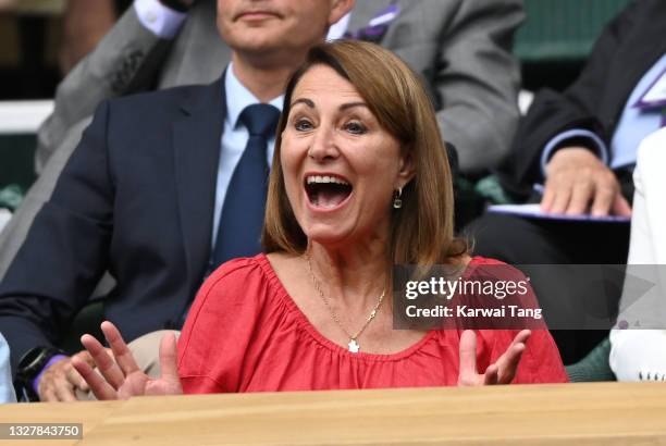 Carole Middleton attends day 11 of the Wimbledon Tennis Championships at the All England Lawn Tennis and Croquet Club on July 09, 2021 in London,...