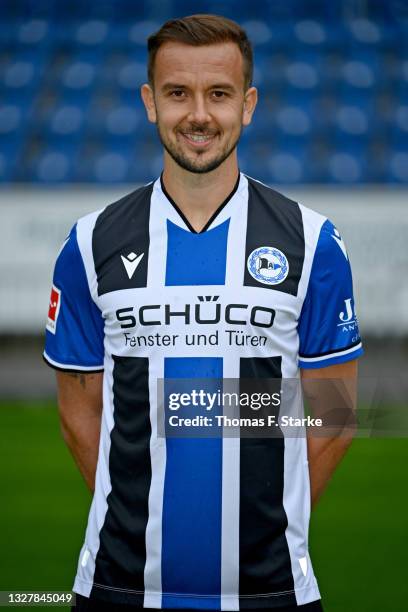 Manuel Prietl of Arminia Bielefeld poses during the team presentation at Schueco Arena on July 09, 2021 in Bielefeld, Germany.