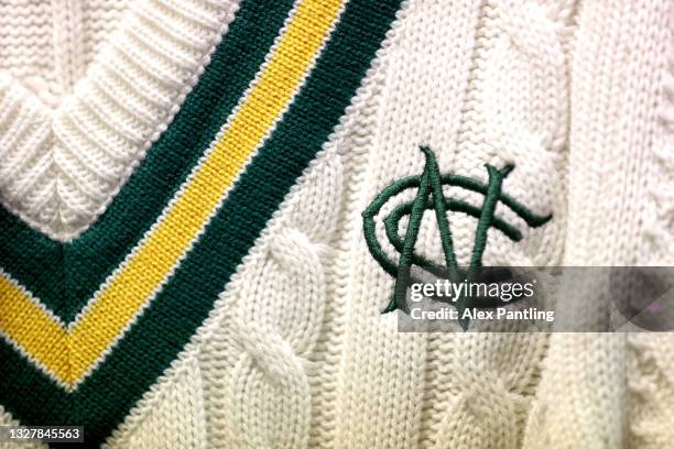 Detailed view of a Nottinghamshire CCC jumper during the Vitality T20 Blast match between Notts Outlaws and Yorkshire Vikings at Trent Bridge on July...