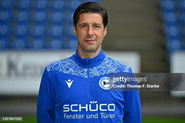 Assistant coach Ilija Gruev of Arminia Bielefeld poses during the team presentation at Schueco Arena on July 09, 2021 in Bielefeld, Germany.