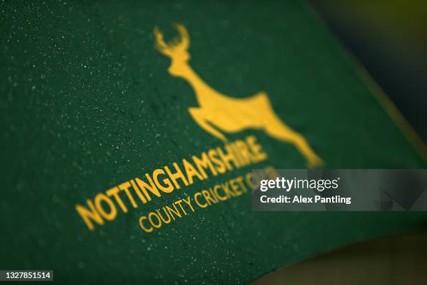 Detailed view of rain on an umbrella as play is delayed due to rain during the Vitality T20 Blast match between Notts Outlaws and Yorkshire Vikings...