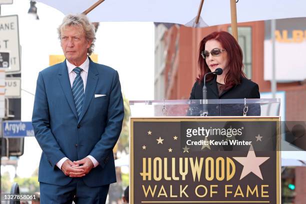 Priscilla Presley speaks onstage at a ceremony honoring Television Producer Nigel Lythgoe with a star on the Hollywood Walk Of Fame on July 09, 2021...