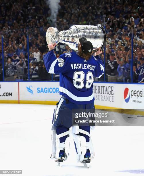 Andrei Vasilevskiy of the Tampa Bay Lightning celebrates with the Stanley Cup following the victory over the Montreal Canadiens in Game Five of the...