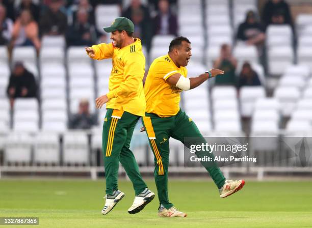 Samit Patel of Notts celebrates the wicket of Harry Brook of Yorkshire during the Vitality T20 Blast match between Notts Outlaws and Yorkshire...