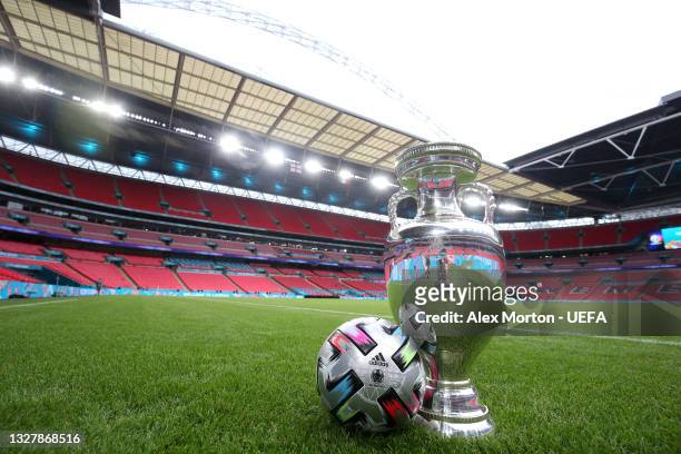 General view inside the stadium where a view of The Henri Delaunay Trophy is seen alongside the Adidas UNIFORIA FINALE match ball ahead of the UEFA...