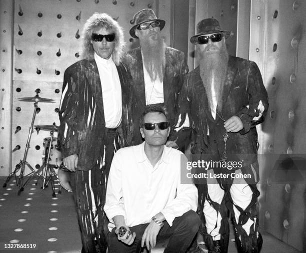 American drummer Frank Beard, American guitarist Billy Gibbons and American guitarist Dusty Hill, of the American rock band ZZ Top, pose for a...