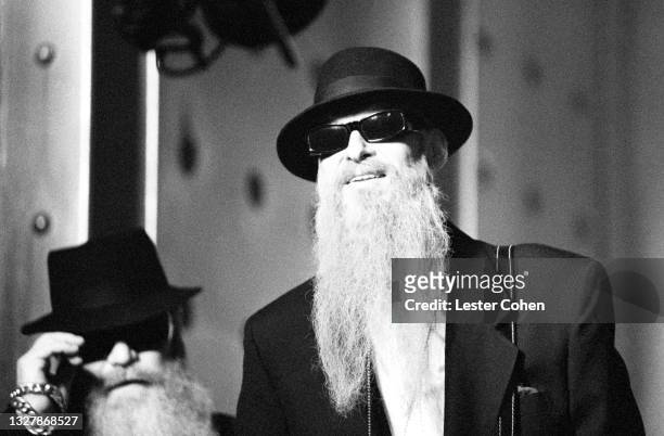 American guitarist Dusty Hill and American guitarist Billy Gibbons, of the American rock band ZZ Top, pose for a portrait during the video shoot for...