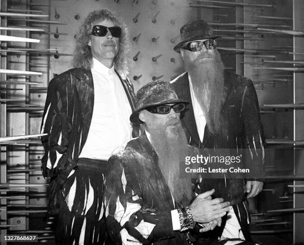 American drummer Frank Beard, American guitarist Billy Gibbons and American guitarist Dusty Hill, of the American rock band ZZ Top, pose for a...