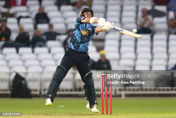 Jordan Thompson of Yorkshire hits runs during the Vitality T20 Blast match between Notts Outlaws and Yorkshire Vikings at Trent Bridge on July 09,...