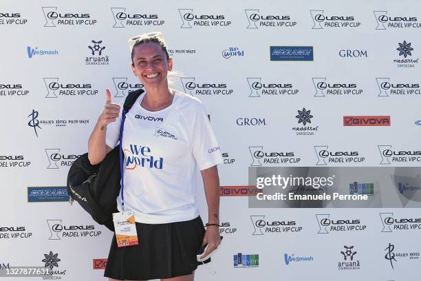 Italian tennis player Roberta Vinci at the backdrop during the "Lexus Padel Vip Cup" charity tournament for the organization "We World Onlus" on July...