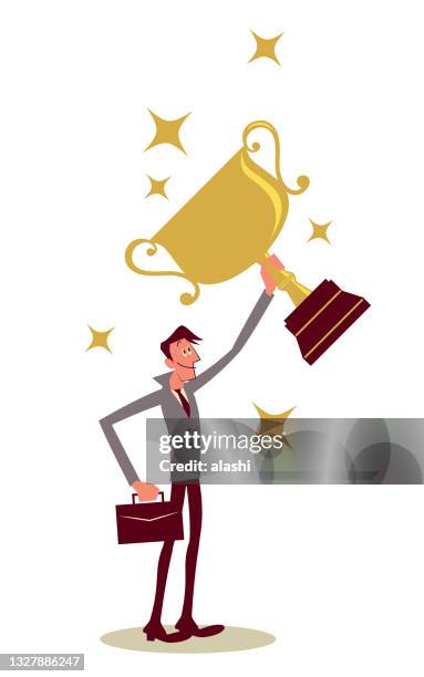 successful businessman lifting a trophy - best man stock illustrations