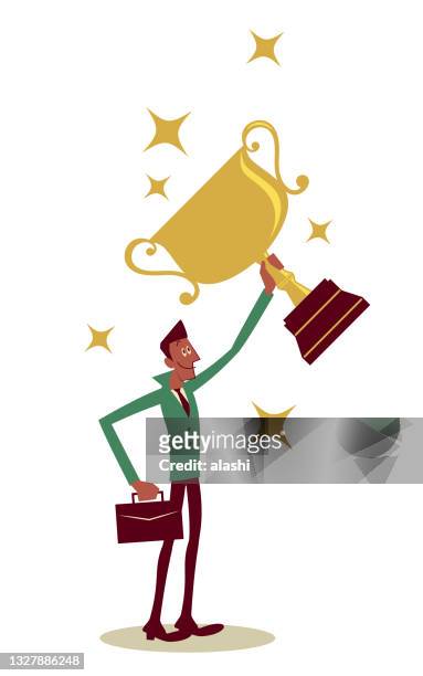 successful businessman lifting a trophy - best man stock illustrations