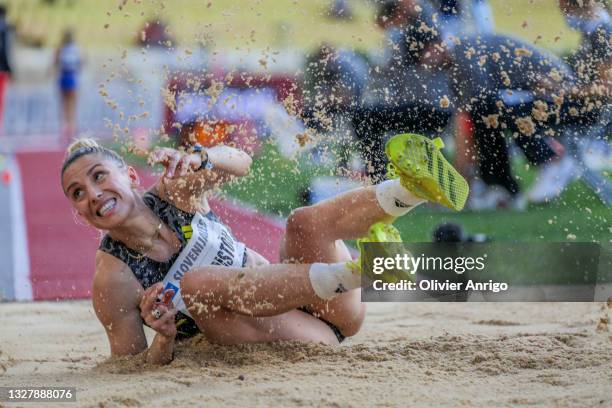 Paraskevi Papachristou of Greece competes in the women's triple jump during the IAAF Diamond League Meeting Herculis EBS 2021 in the Stadium Louis II...