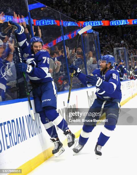 Ross Colton of the Tampa Bay Lightning celebrates his game-winning goal against the Montreal Canadiens in Game Five of the 2021 NHL Stanley Cup Final...