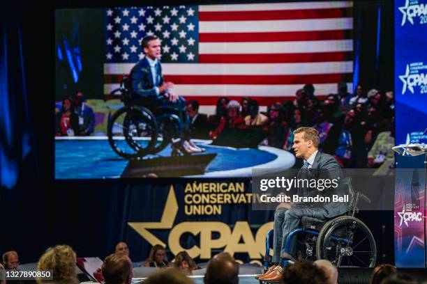 Rep Madison Cawthorn speaks during the Conservative Political Action Conference CPAC held at the Hilton Anatole on July 09, 2021 in Dallas, Texas....