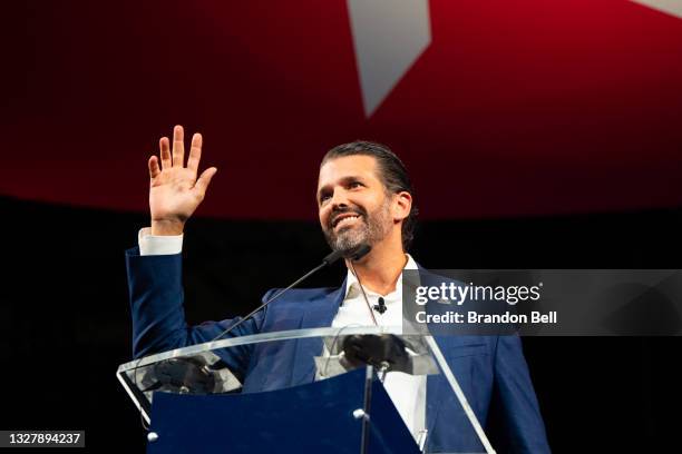Donald Trump Jr. Waves after speaking during the Conservative Political Action Conference CPAC held at the Hilton Anatole on July 09, 2021 in Dallas,...