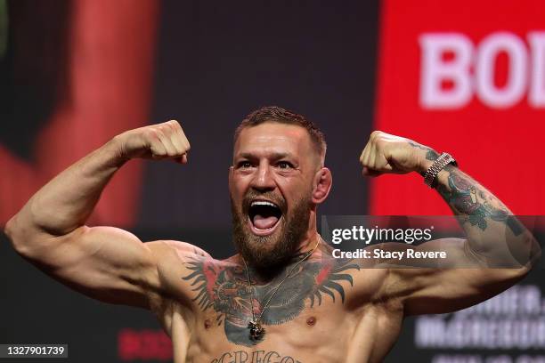 Conor McGregor poses during a ceremonial weigh in for UFC 264 at T-Mobile Arena on July 09, 2021 in Las Vegas, Nevada.