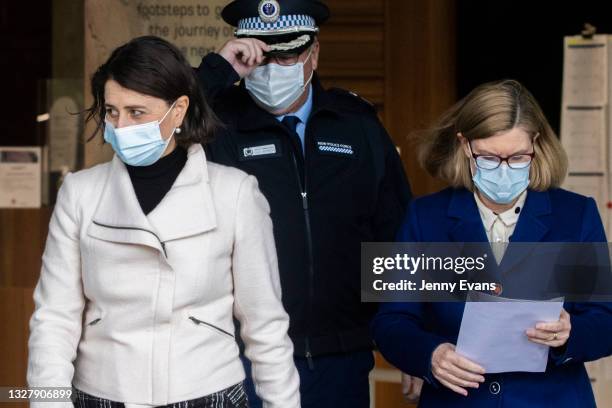 Premier Gladys Berejiklian, NSW Chief Health Officer Dr Kerry Chant and NSW Police Deputy Commissioner Gary Worboys arrive for a COVID-19 update...